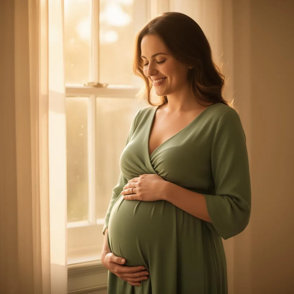 Expectant mother smiling and gently holding her belly